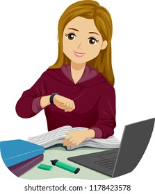 Illustration of a Teenage Girl Student Looking at Her Watch Checking Time While Studying and Reading a Book