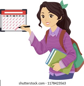 Illustration of a Teenage Girl Student Marking Her Calendar with Exam Schedule