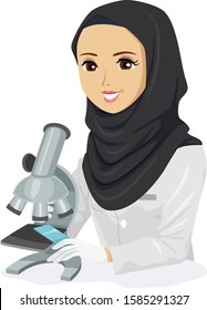 Illustration of a Teenage Girl Student in Qatar Wearing Hijab, Lab Gown and Gloves Holding a Glass Slide to View Under a Microscope