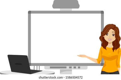 Illustration of a Teenage Girl Student Showing a Video Presentation Using a Big Screen with Laptop