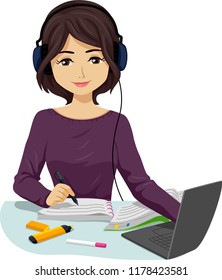 Illustration of a Teenage Girl Student Wearing Headphone and Listening to Music While Writing and Studying