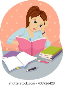 Illustration Of A Teenage Girl Studying Hard