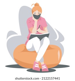 Illustration of a teenage girl studying. write books, read. wear a mask. sit on bean bag. school theme concept, home, relaxing, etc. flat vector style