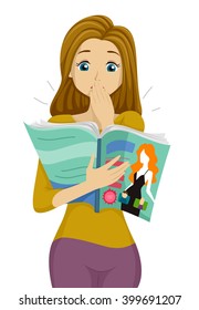 Illustration of a Teenage Girl Surprised by What She Read on a Magazine