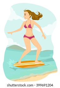 Illustration of a Teenage Girl in a Swimsuit Skimboarding