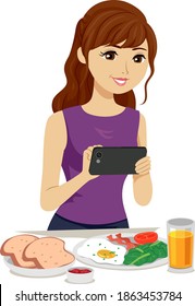 Illustration of a Teenage Girl Taking Photographs of Her Food Using Mobile Phone for Her Food Log