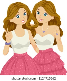 Illustration of Teenage Girl Twins Wearing Similar Outfits for a Party