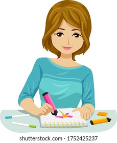 Illustration of a Teenage Girl Using Colored Pens and Making Art on Note Pad