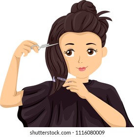 Illustration Of A Teenage Girl Using Comb And Scissors Cutting Her Own Hair