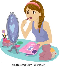 Illustration of a Teenage Girl Using a Magazine to Learn How to Apply Lipstick