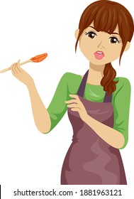 Illustration of a Teenage Girl Wearing Apron, Cooking and Tasting Something She Cooked