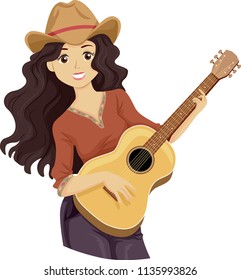 Illustration of a Teenage Girl Wearing Cowboy Hat and Playing the Guitar