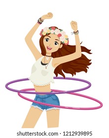 Illustration of a Teenage Girl Wearing Floral Head Wear Doing a Hula Hoop Dance Using Two Hoops