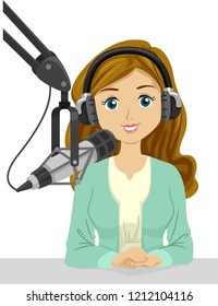 Illustration of a Teenage Girl Wearing Headphones and Speaking on a Microphone for Broadcasting or Podcasting