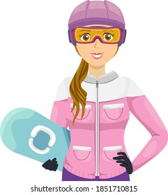 Illustration of a Teenage Girl Wearing Helmet, Goggles and Holding Snowboard for Snowboarding