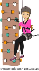 Illustration of a Teenage Girl Wearing Helmet and Safety Harness Climbing a Monkey Grove Tree