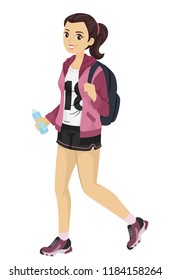 Illustration of a Teenage Girl Wearing a Shorty Casual Shorts with a Backpack and Bottle of Water