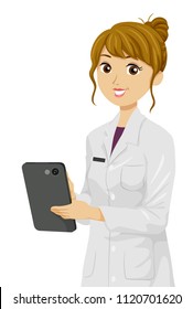 Illustration of a Teenage Girl Wearing a White Lab Gown Holding a Tablet Computer
