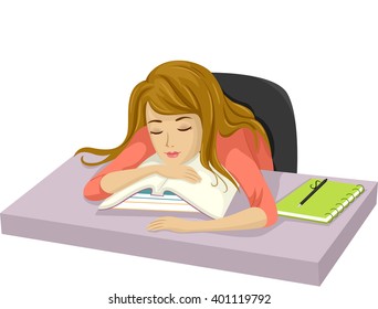 Illustration of a Teenage Girl Who Have Fallen Asleep After Studying