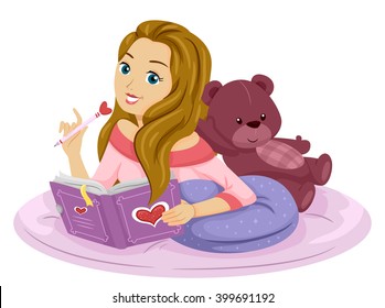 Illustration of a Teenage Girl Writing on Her Diary