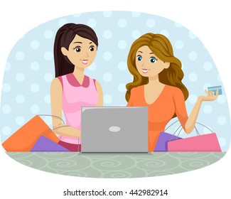Illustration of Teenage Girls Buying from an Online Shop