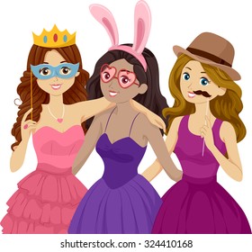 Illustration of Teenage Girls in Costumes Taking a Photo in a Photo Booth