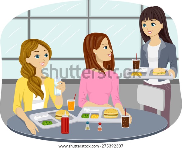 10代の女の子が食堂で食べるイラスト のベクター画像素材 ロイヤリティフリー