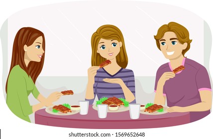 Illustration Of Teenage Girls And Guy Eating Barbecue Ribs With Sauce