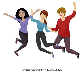 Illustration of Teenage Girls and Guy Jumping in the Air and Smiling