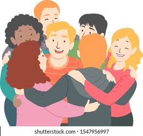 Illustration of Teenage Girls and Guys Hugging Everyone in a Group Hug