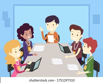 Illustration Of Teenage Girls And Guys Intern Having An Orientation Meeting With Supervisor In The Office