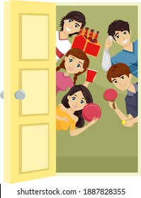 Illustration of Teenage Girls and Guys Showing Beer Game Tools from Inside the Door