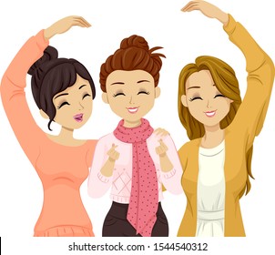 Illustration of Teenage Girls In Hearts Pose from Big Heart to Baby Hearts Pose