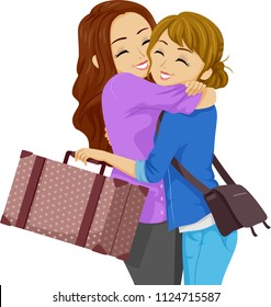 Illustration of Teenage Girls Hugging Each Other with One Coming from a Trip