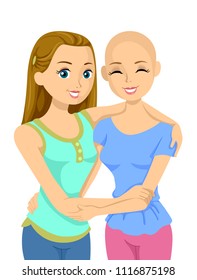 Illustration of Teenage Girls with One Bald Girl Suffering from Alopecia