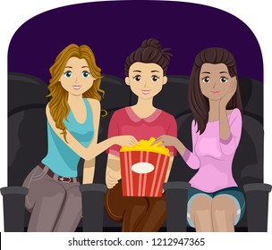 Illustration of Teenage Girls Sharing a Popcorn inside a Cinema Watching a Movie