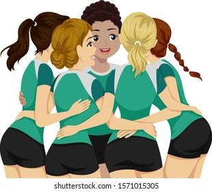 Illustration Of Teenage Girls Sport Team Volleyball Club Wearing Uniform In A Huddle