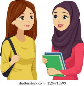 Illustration Of Teenage Girls Student With One Girl Wearing A Hijab