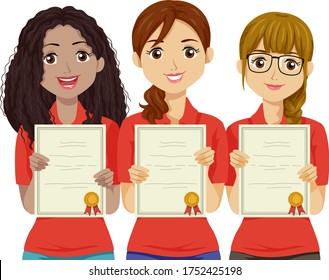 Illustration of Teenage Girls Students Showing their Academic Award Certificates