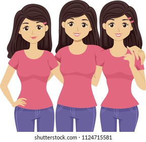 Illustration Of Teenage Girls Triplets Wearing Same TShirt And Pants