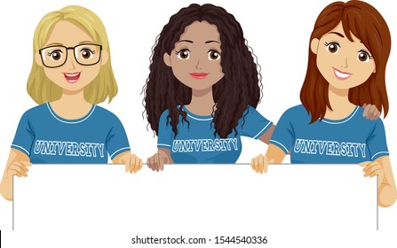 Illustration of Teenage Girls Wearing the Same Blue University Shirts and Holding a Blank White Board