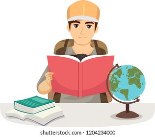 Illustration of a Teenage Guy With Backpack Reading a Book About a Certain Country