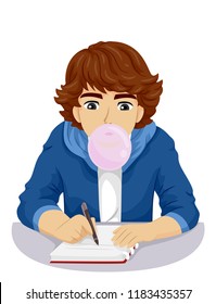 Illustration of a Teenage Guy Blowing a Chewing Gum While Studying and Writing On His Notebook