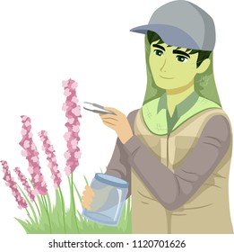 Illustration of a Teenage Guy Botanist Collecting Samples of a Plant Outdoors Wearing Net Mesh as Protection