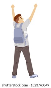Illustration of a Teenage Guy Carrying Backpack with Hands Up in Fist. Feeling Empowered