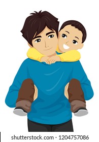 Illustration of a Teenage Guy Carrying His Little Brother on His Back