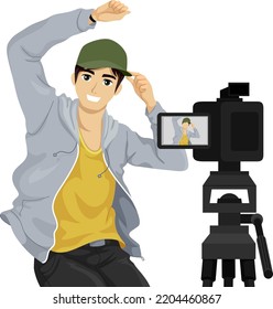 Illustration Of Teenage Guy Dancing And Recording His Dance Practice With Video Camera