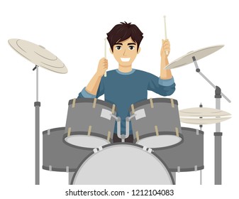 Illustration Of A Teenage Guy Drumming Holding Sticks Playing The Drums