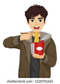 Illustration Of A Teenage Guy Eating A Cup Of Instant Noodles Using Chopsticks