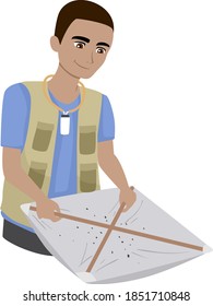 Illustration of a Teenage Guy Entomology Student Using a Beating Sheet